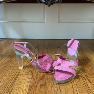 CALVIN KLEIN lucite-heeled pink snakeskin heels!